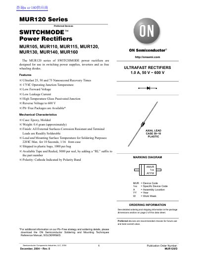 ON Semiconductor MUR120 Series Power Rectifiers Datasheet - cover page