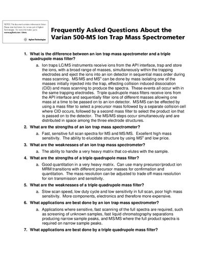 Agilent 500-MS Ion Trap Mass Spectrometer FAQs - cover page