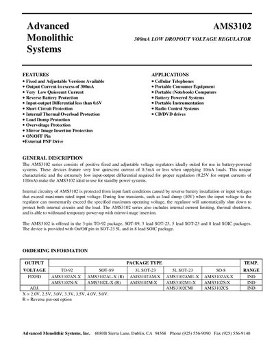 AMS AMS3102 300mA Low Dropout Voltage Regulator Datasheet