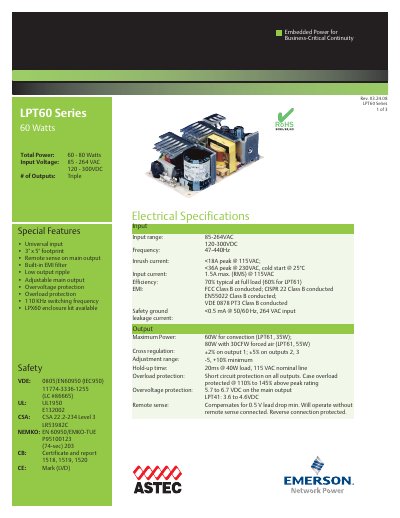 Emerson LPT60 Series Embedded Power 60 W Datasheet - cover page