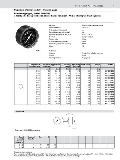 Bosch Rexroth PG1-SNL Series Pressure Gauge Datasheet - cover page