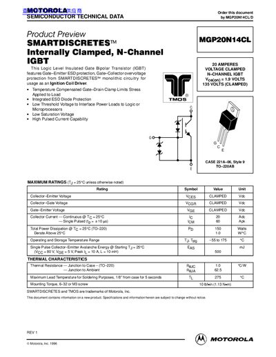 Motorola MGP20N14CL IGBT Datasheet - cover page