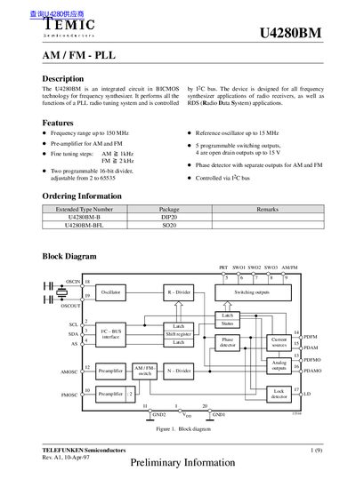 TEMIC U4280BM Datasheet - cover page