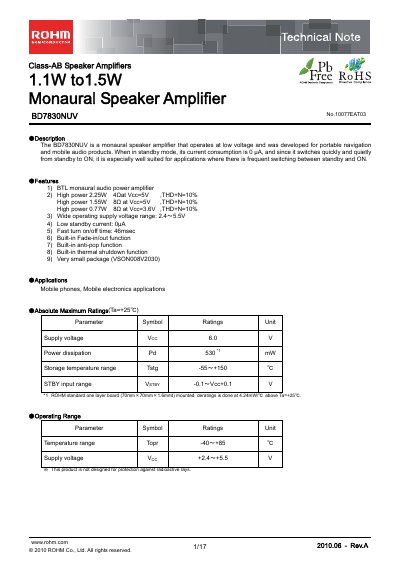 ROHM BD7830NUV Technical Note - cover page