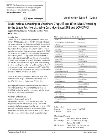 Agilent Application Note SI-02112 Multi-residue Screening of Veterinary Drugs in Meat - cover page