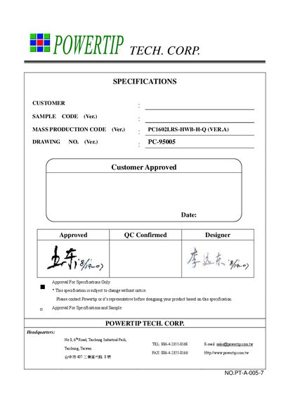 POWERTIP PC1602LRS-HWB-H-Q LCD Module Specification Handbook - cover page