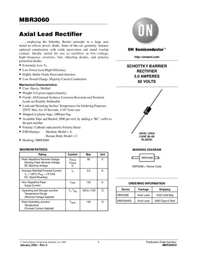 ON Semiconductor MBR3060 Axial Lead Rectifier Datasheet - cover page