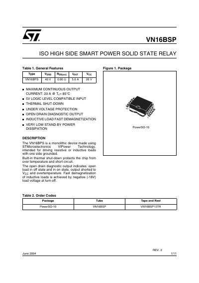 STMicroelectronics VN16BSP ISO High Side Smart Power Solid State Relay Datasheet