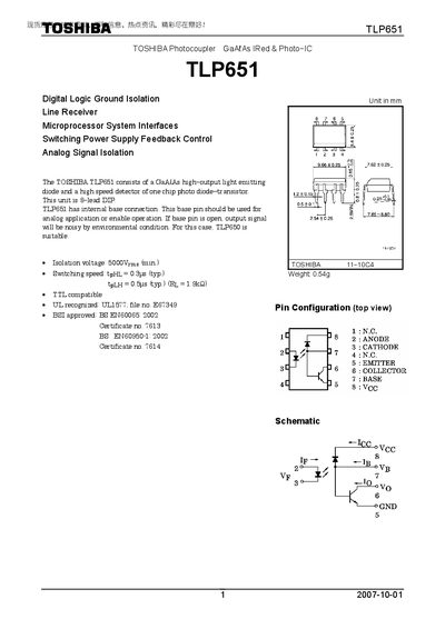 Toshiba TLP651 Photocoupler Datasheet - cover page