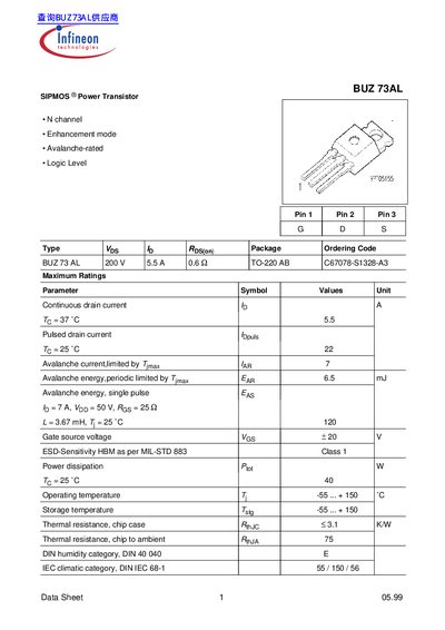Infineon BUZ73AL SIPMOS Power Transistor Datasheet - cover page