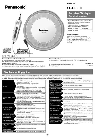 Panasonic SL-CT800 Portable CD Player Operating Instructions - cover page
