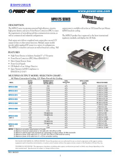 Power-One MPB125 Series Power Supply Datasheet