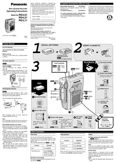 Panasonic RQ-L51 Mini Cassette Recorder Operating Instructions - cover page