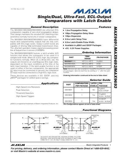 Maxim MAX9691/MAX9692/MAX9693 Ultra-Fast ECL Comparator Datasheet - cover page