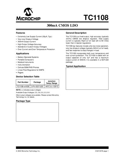 Microchip TC1108 300mA CMOS LDO Datasheet - cover page