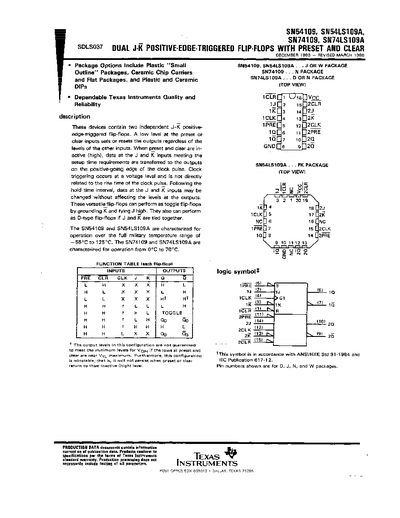 Texas Instruments SN54109 SN54LS109A SN74109 SN74LS109A Dual J‑K Flip‑Flop Datasheet - cover page
