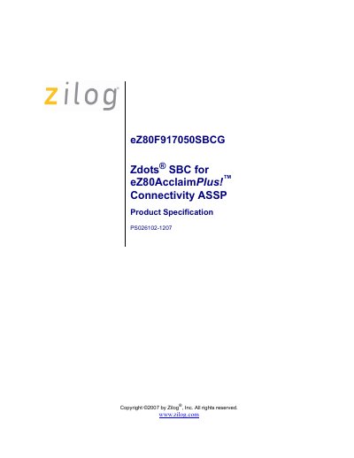 ZILOG eZ80F917050SBCG Zdots SBC for eZ80AcclaimPlus Connectivity ASSP Product Specification - cover page