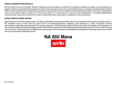 Aprilia NA 850 Mana Owner's Manual - cover page