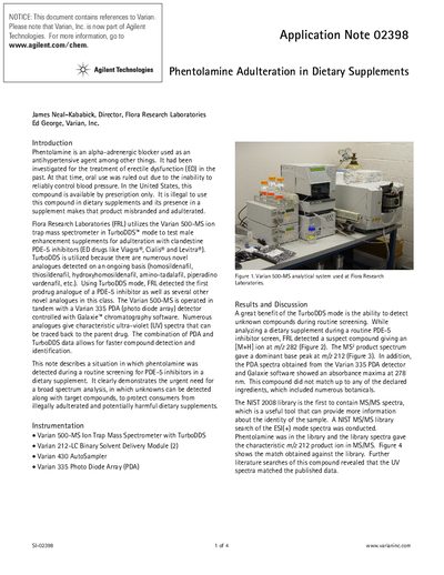 Varian 500-MS Phentolamine Adulteration in Dietary Supplements Application Note - cover page