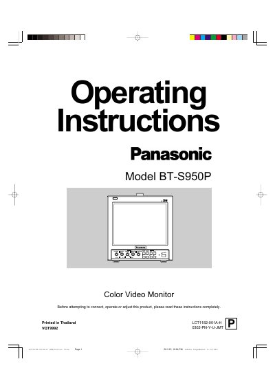 Panasonic BT-S950P Color Video Monitor Operating Instructions - cover page