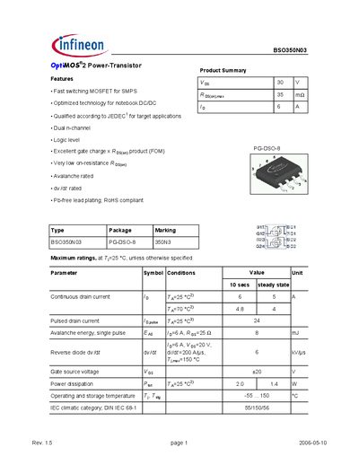 Infineon BSO350N03 Datasheet - cover page