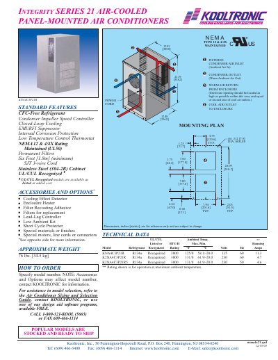 Kooltronic Integrity NEMA 4/4X Air Conditioners KNA4C3P21R Product Data Sheet - cover page