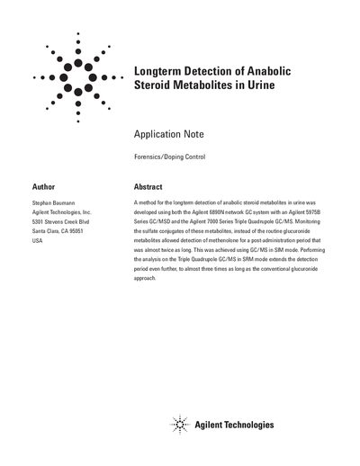 Agilent 6890N/7000 Series GC/MS Application Note: Long-Term Detection of Anabolic Steroid Metabolites - cover page