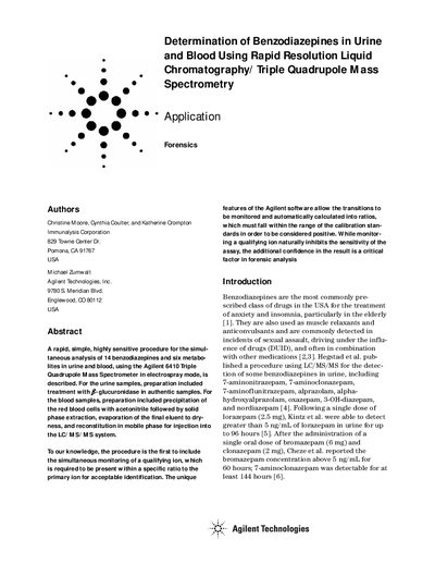 Agilent 6410 Determination of Benzodiazepines in Urine and Blood Using LC/MS/MS - cover page