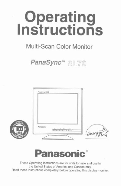 Panasonic PanaSyne SL70 Multi-Scan Color Monitor Operating Instructions