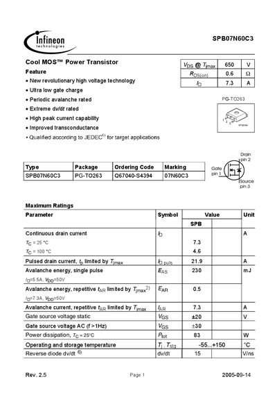 INFINEON SPB07N60C3 Cool MOS Power Transistor Manual - cover page