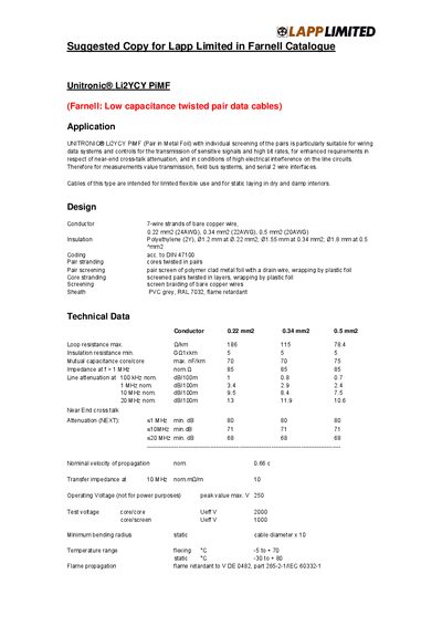 Lapp Unitronic Li2YCY PiMF Cable Datasheet - cover page