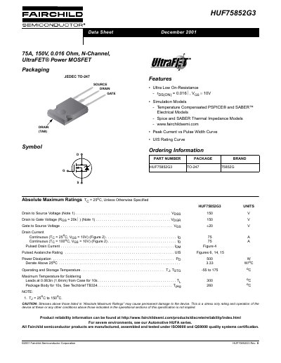 Fairchild Semiconductor HUF75852G3 Power MOSFET Data Sheet - cover page
