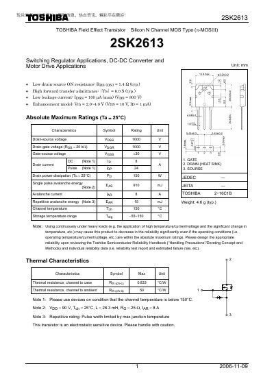 Toshiba 2SK2613 N‑Channel MOSFET Datasheet - cover page