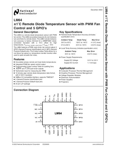 National Semiconductor LM64 Remote Diode Temperature Sensor Datasheet - cover page