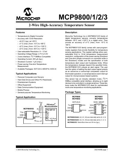 Microchip MCP9800/1/2/3 Temperature Sensor Datasheet - cover page
