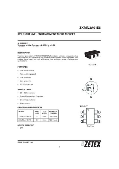 Zetex ZXMN3A01E6 MOSFET Datasheet - cover page