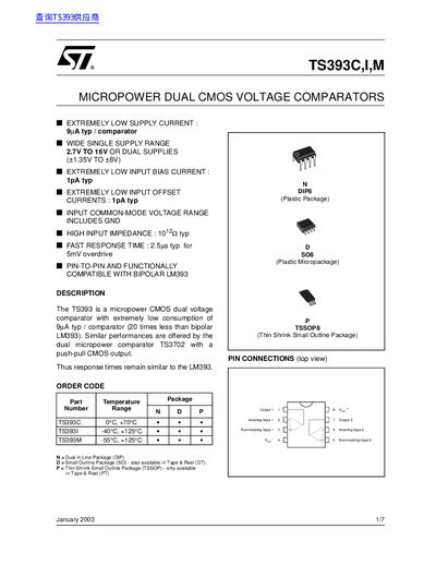 STMicroelectronics TS393C Dual CMOS Voltage Comparator Datasheet - cover page