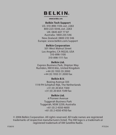 Belkin F5X019 Universal Remote for XM User Manual - cover page