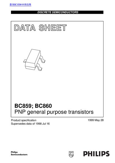 Philips BC859/BC860 PNP General Purpose Transistors Datasheet - cover page