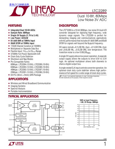 Linear Technology LTC2289 Dual 10‑Bit 80Msps Low‑Noise 3V ADC Datasheet - cover page