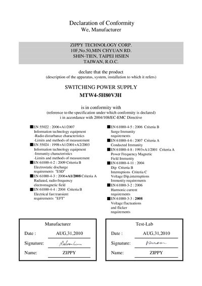 Declaration of Conformity We Manufacturer ZIPPY TECHNOLOGY CORP. 10F No.50 MIN CHYUAN RD. SHIN-TIEN TAIPEI HSIEN TAIWAN R.O.C - cover page