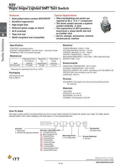 ITT K5V Right Angle Lighted Tact Switch Datasheet - cover page