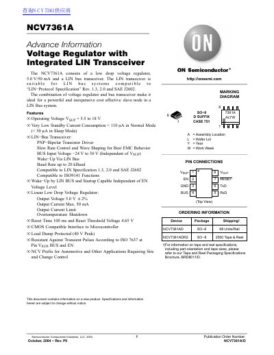 ON Semiconductor NCV7361A Voltage Regulator with Integrated LIN Transceiver Datasheet - cover page