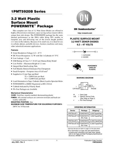 ON Semiconductor 1PMT5920B Series Zener Diode Datasheet - cover page