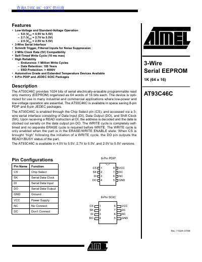 ATMEL AT93C46C 3-Wire Serial EEPROM - cover page