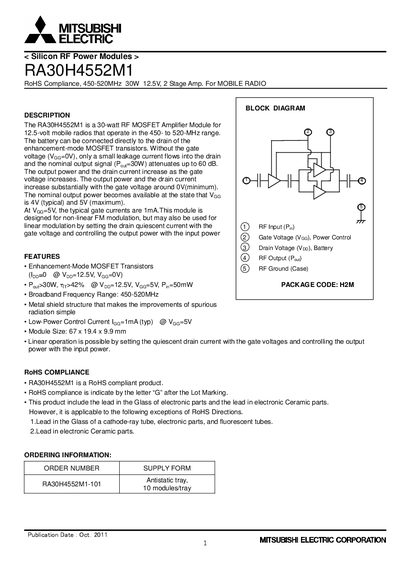 Mitsubishi Electric RA30H4552M1 RF Power Module Datasheet