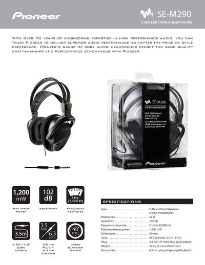 Pioneer SE-M290 Over-Ear Stereo Headphones Product Leaflet - cover page