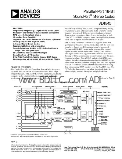 Analog Devices AD1845 Stereo Codec Datasheet - cover page