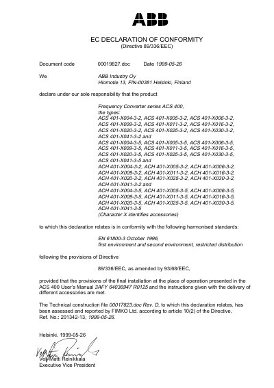 ABB ACS Series Frequency Converter EC Declaration of Conformity - cover page