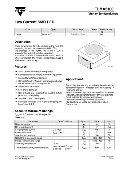 Vishay TLMA3100 Low Current SMD LED Datasheet - cover page